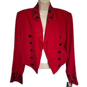 Vintage Jaclyn Hart Red Bolero Black Velvet Floral Trim and Buttons Sz 14 NWT